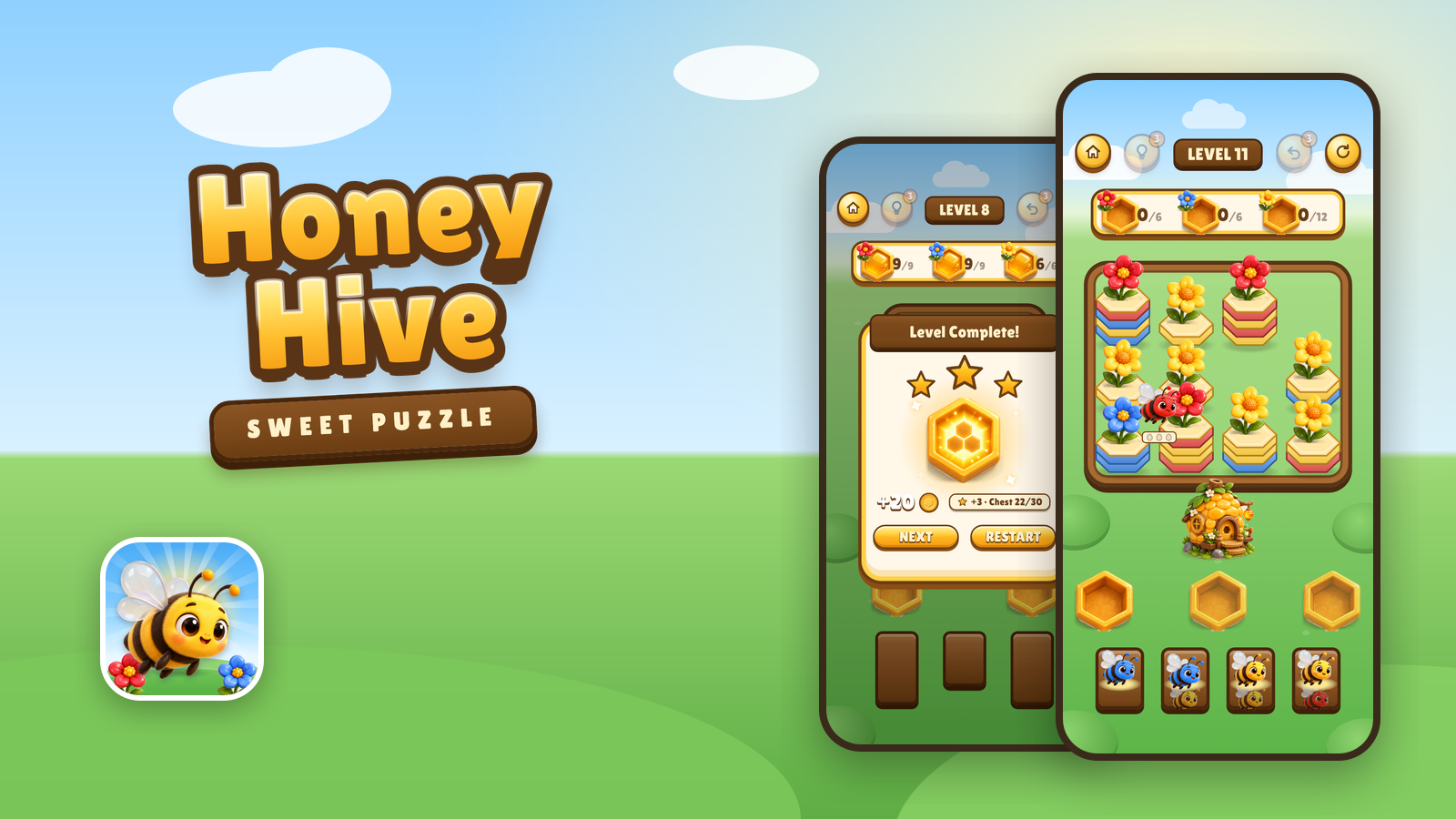 Honey Hive logosu, uygulama ikonu ve iki oyun ekranı: bölüm tahtası ve bölüm tamamlandı penceresi
